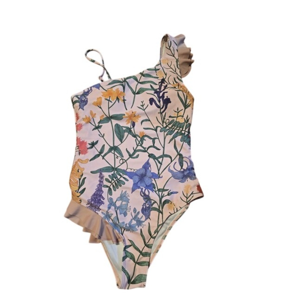 Floral One Shoulder Ruffle One Piece Swimsuit Botanical Print Small